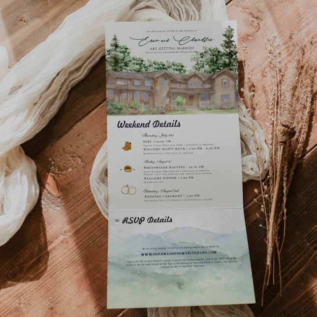 Rustikale Tetongebirge | Illustrierte Hochzeit Dreifach Gefaltete Einladung (Von Creator hochgeladen)