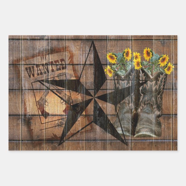 Rustikale Texas Star Western Pistol Cowboy Boots Geschenkpapier Set (Vorderseite)