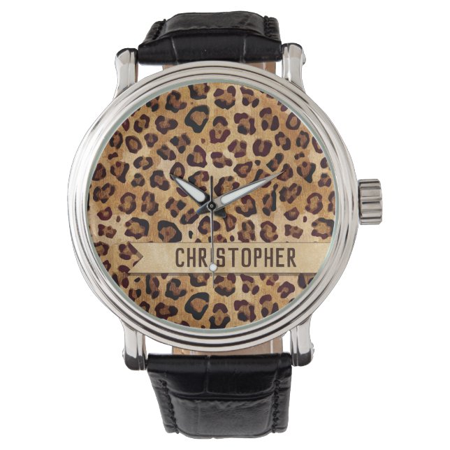 Rustikale Textilienleopard - Name Armbanduhr (Vorderseite)