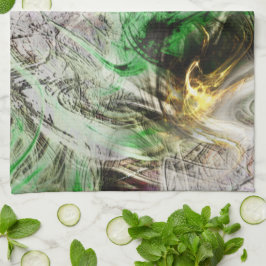 Rustikale Textur unter schwimmender grüner und gel Geschirrtuch