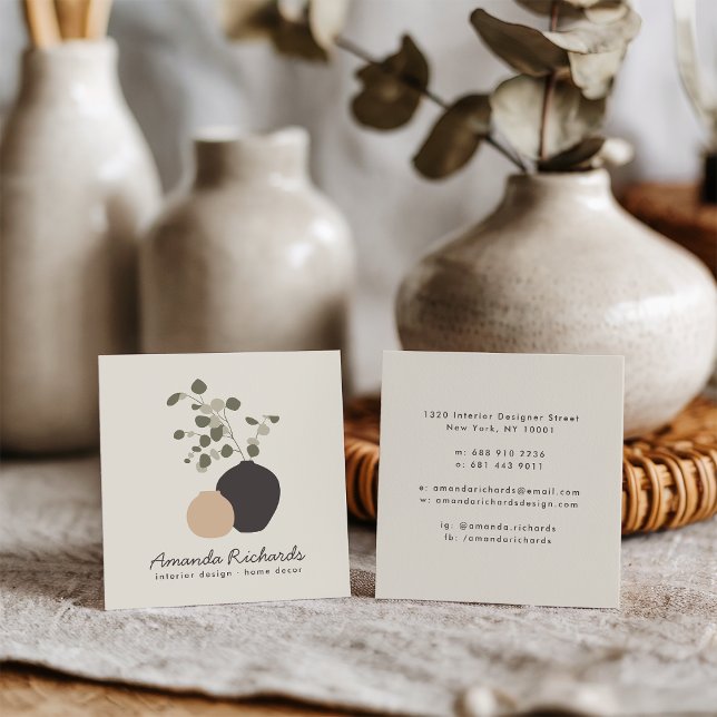 Rustikale Töpferdekoration Pflanze mit cremefarben Quadratische Visitenkarte (Rustic pottery decor plants boho cream interiors)