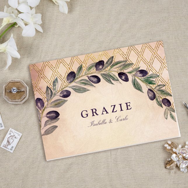 Rustikale toskanische Wedding Ölzweige Karte (Tuscan Gold Lattice and Olive Branches Folded Thank You Card)
