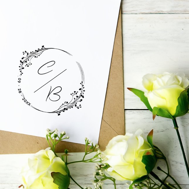 Rustikale Totenkranzinitialen und Datum Hochzeit Permastempel (Subtle wildflowers wreath elegant monograms save the date wedding stamp)