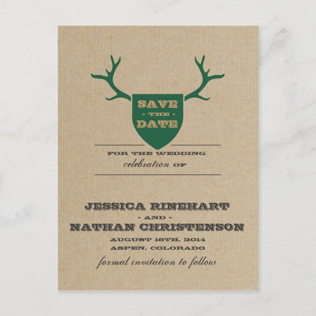 Rustikale Trophy Green Save the Date Ankündigungspostkarte (Vorderseite)