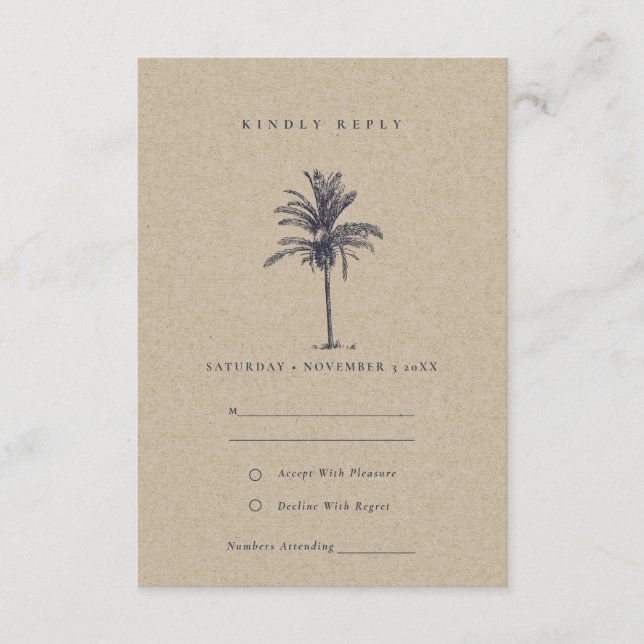 Rustikale tropische Palme Navy Kraft Hochzeit RSVP Begleitkarte (Vorderseite)