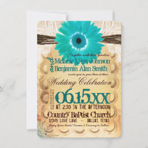 Rustikale Türkis-Gänseblümchen-Typografie-Hochzeit Einladung