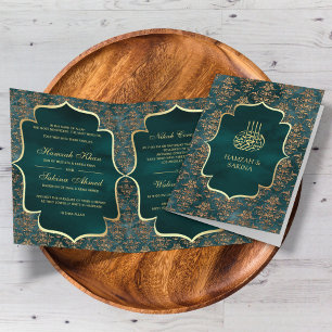 Rustikale Türkis Gold Damast Muslimische Hochzeit Einladung