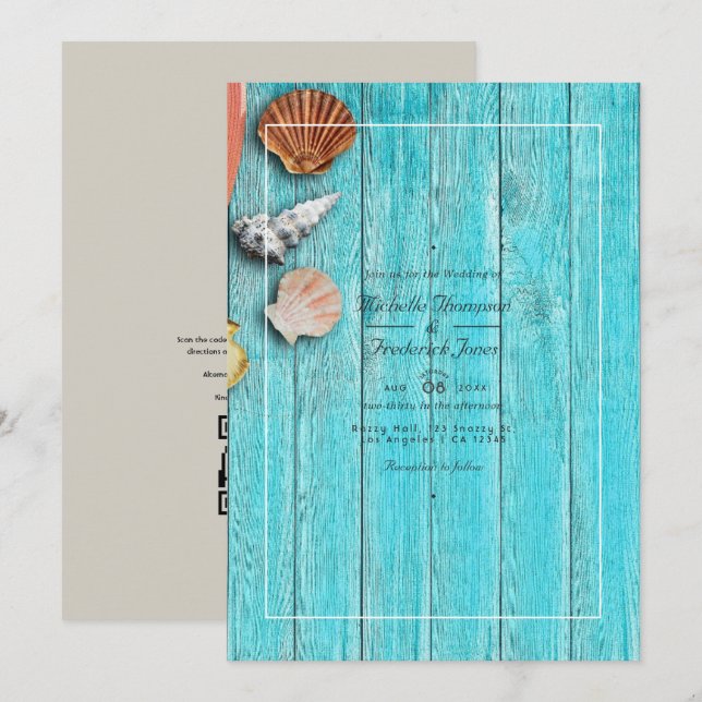 Rustikale Türkis QR Code UAWG Beach Hochzeit Einladung (Vorne/Hinten)