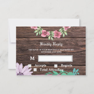Rustikale UAWG- und Antwortkarte aus Holz und Blum RSVP Karte