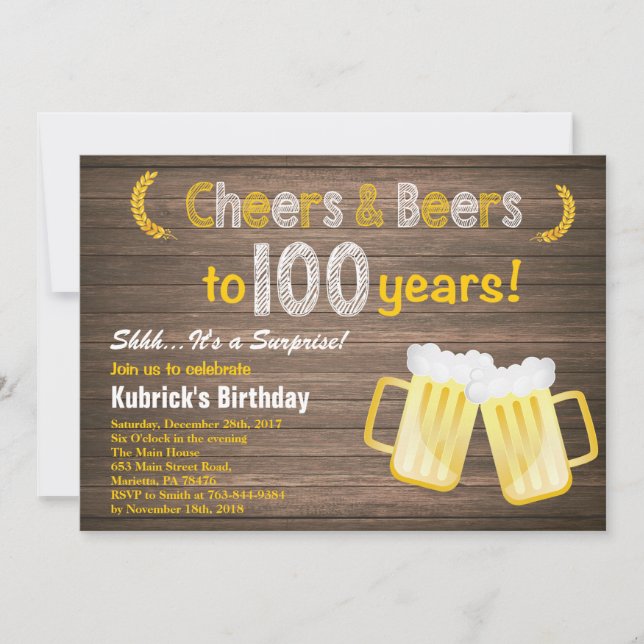 Rustikale Überraschung Gefallen und Bier 100. Gebu Einladung (Vorderseite)