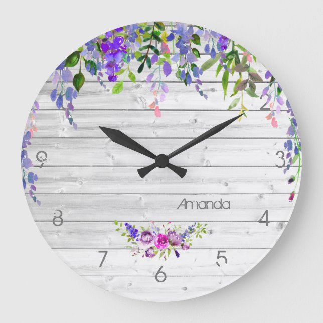 Rustikale Ultra-Violet-Aquarellblüte Große Wanduhr (Vorderseite)