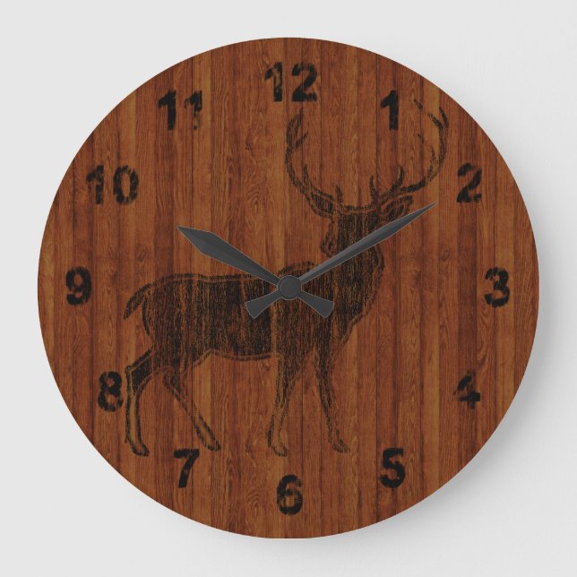 Rustikale und charmante Hirsche heiß aus Holz Große Wanduhr (Vorderseite)