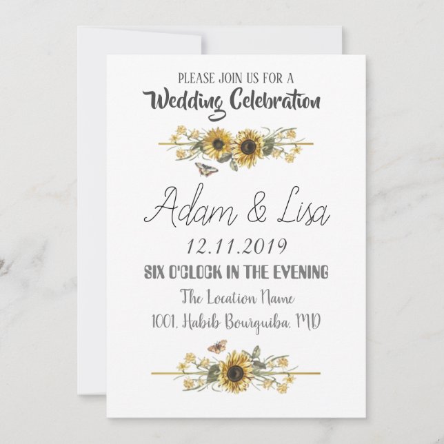 Rustikale und elegante Sonnenblumen-Hochzeit Einladung (Vorderseite)