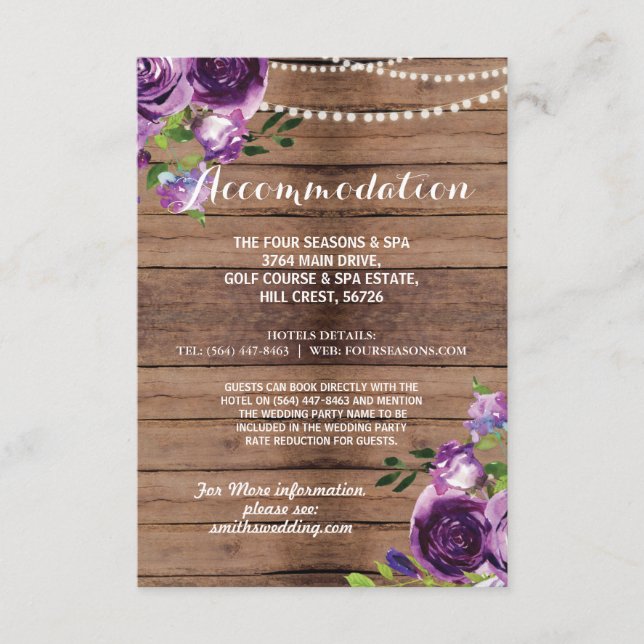 Rustikale Unterkunft Hochzeit Lila Blume aus Holz Begleitkarte (Vorderseite)