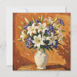Rustikale Vase mit Lilien und Iris-Blumen Karte
