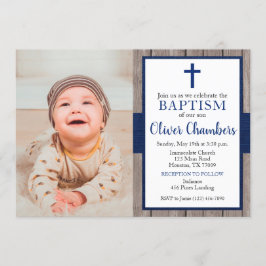 Rustikale Vavy & Wood Boy Foto Taufe Einladung