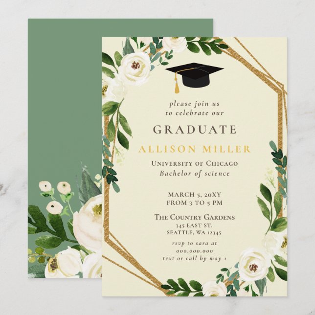 Rustikale Vegetation Ivory Gold Floral Abschluss Einladung (Vorne/Hinten)