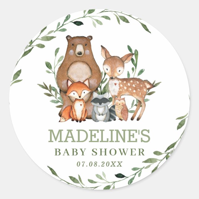 Rustikale Vegetation Woodland Animals Baby Dusche  Runder Aufkleber (Vorderseite)