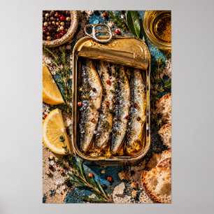 Rustikale verzinnte Fisch- und Zitronen-Küchenwand Poster