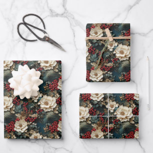 Rustikale Vintag Retro-3D Weihnachtspoinsettie Geschenkpapier Set