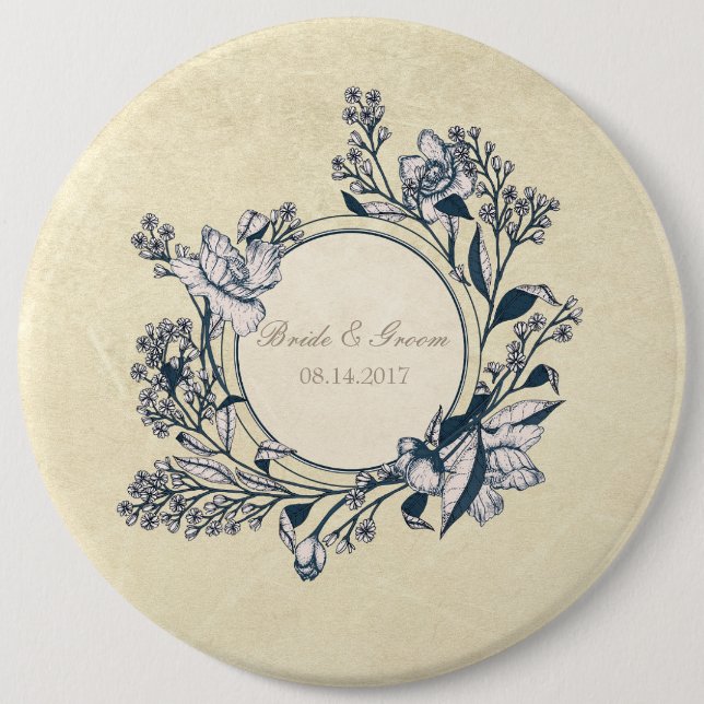 Rustikale Vintage-Blumen-Hochzeit Button (Vorderseite)