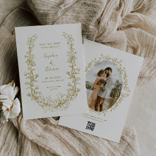 Rustikale Vintage-Blumen-Linienkunst-Hochzeit Save The Date