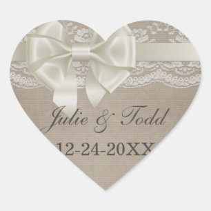Rustikale Vintage Burlap- & Lace-Hochzeit retten d Herz-Aufkleber