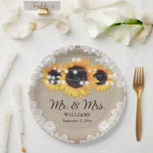 Rustikale Vintage Burlap Lace Sonnenblume Hochzeit Pappteller