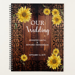 Rustikale Vintage-Dunkelholz-Sonnenblumen-Hochzeit Planer