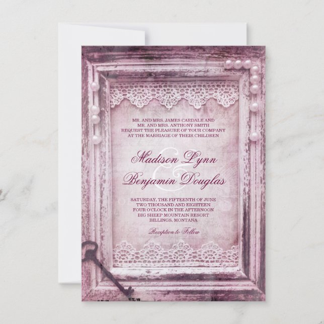 Rustikale Vintage Holzrahmen Lila Hochzeit lädt ei Einladung (Vorderseite)