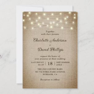 Rustikale Vintage-Jute-Lichterketten-Hochzeit Einladung