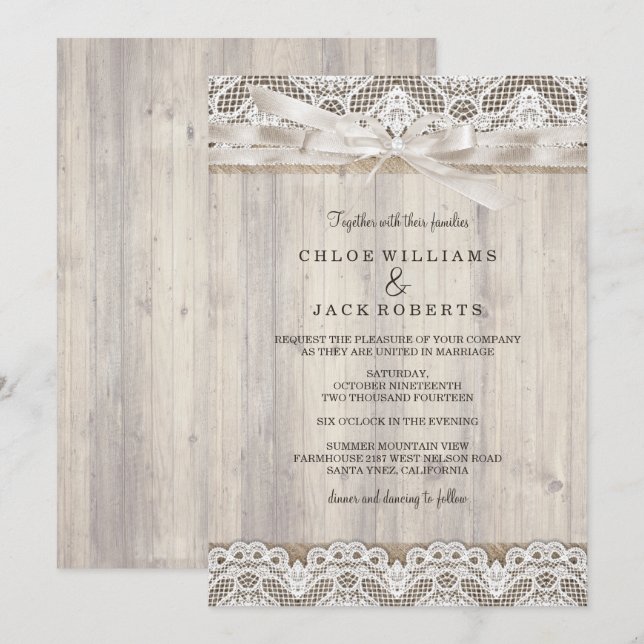Rustikale Vintage Lace & Wood Wedding Einladung (Vorne/Hinten)