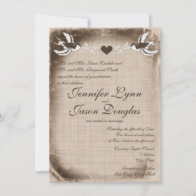 Rustikale Vintage Liebesvögel Hochzeitseinladungen Einladung (Vorderseite)
