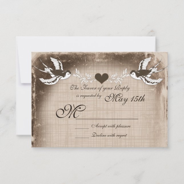 Rustikale Vintage Liebesvögel Hochzeitskarten RSVP Karte (Vorderseite)