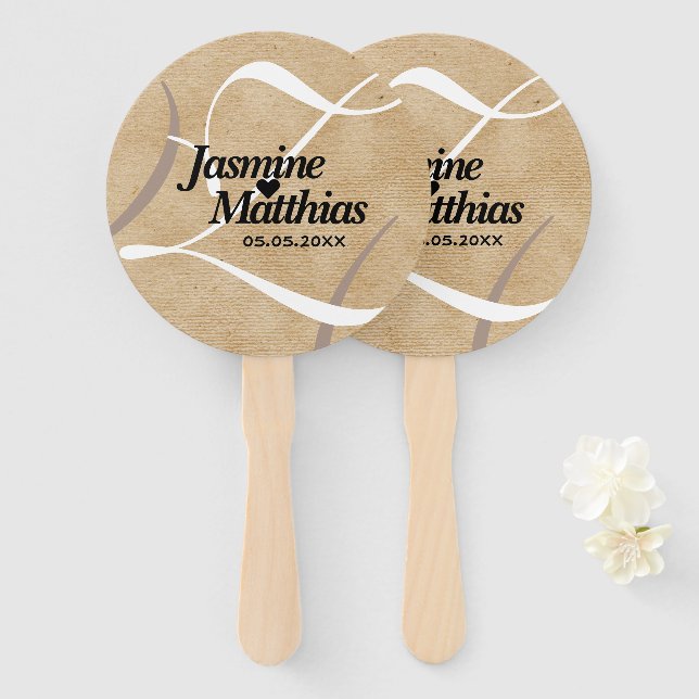 Rustikale, Vintage Mongram Burlap Wedding Fächer (Vorne und Hinten)