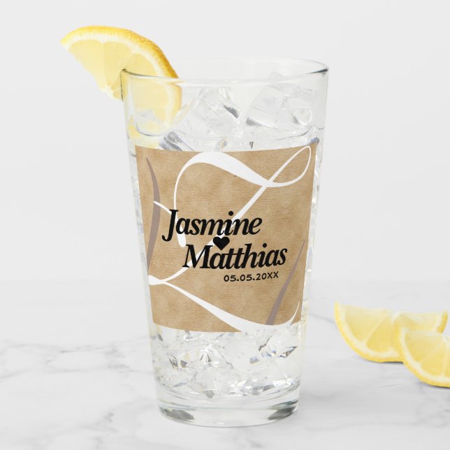 Rustikale, Vintage Mongram Burlap Wedding Glas (Vorderseite Ice)