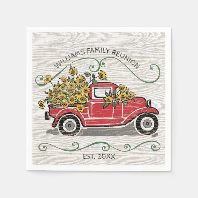 Rustikale Vintage Red Truck Sunflowers Familie Wie Serviette (Vorderseite)