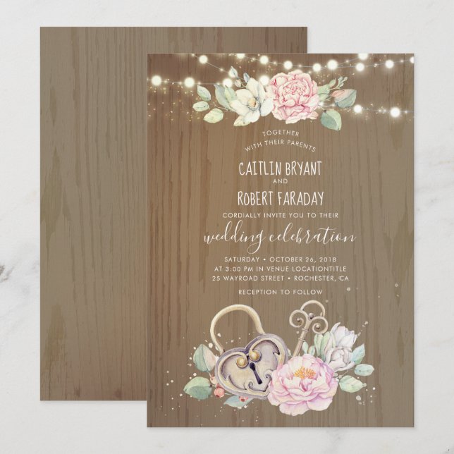 Rustikale Vintage Schlüssel- und Schleusenhochzeit Einladung (Vorne/Hinten)