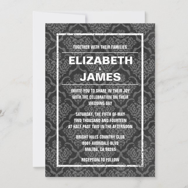 Rustikale Vintage Schwarze Damast Hochzeitseinladu Einladung (Vorderseite)