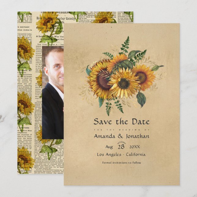 Rustikale Vintage Sonnenblumen Hochzeit Save The Date (Vorne/Hinten)