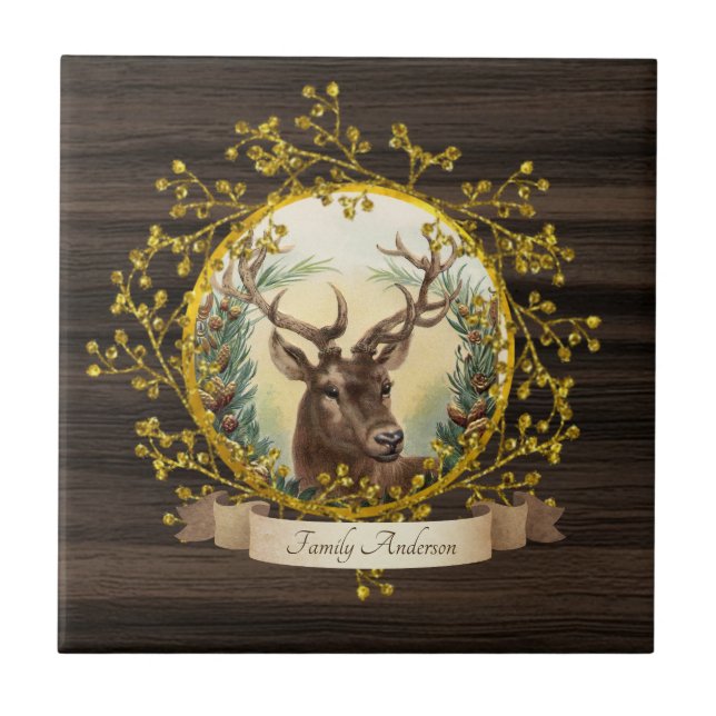 Rustikale Vintage Stag Dekoration Personalisiert Fliese (Vorderseite)