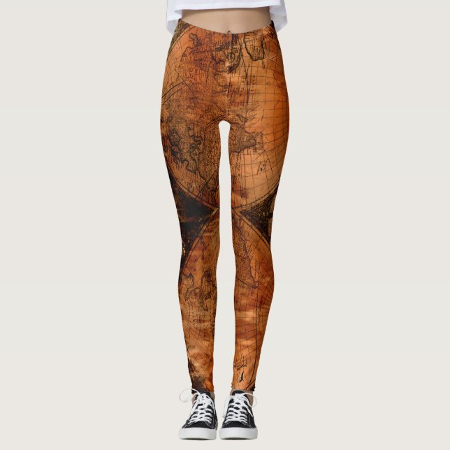 Rustikale Vintage Weltkarte Leggings (Vorderseite)
