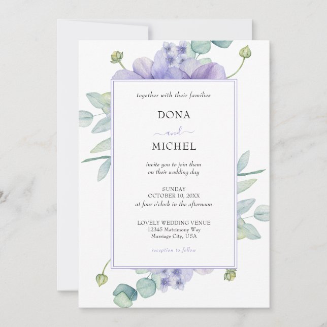 Rustikale Violet Summer Wild Floral Wedding Einladung (Vorderseite)