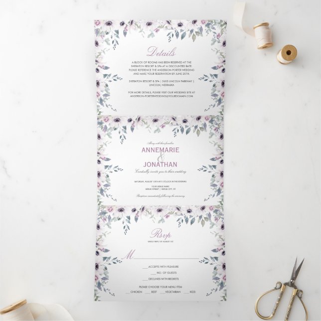 Rustikale Violett- und Pink-Aquarell-Rose Hochzeit Dreifach Gefaltete Einladung (Innenseite)