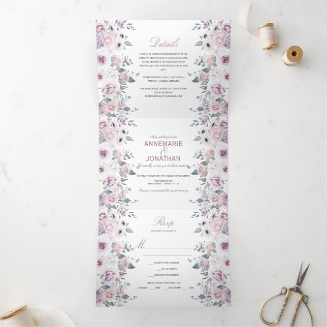 Rustikale Violett- und Pink-Aquarell-Rose Hochzeit Dreifach Gefaltete Einladung (Innenseite)