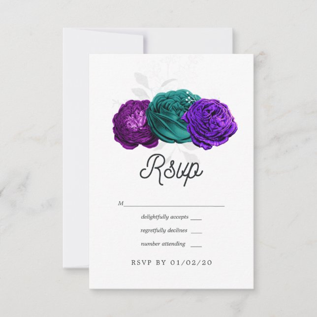 Rustikale Violett- und Türkisblütenhochzeit RSVP Karte (Vorderseite)