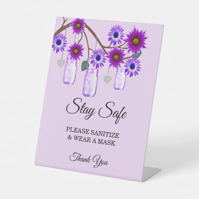 Rustikale violette Blumen Mason Jar Hochzeitsicher Sockelschild (Vorderseite)