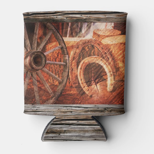 Rustikale Wagenrad-Hufeisen Western Style kann Co. Dosenkühler (Vorderseite)