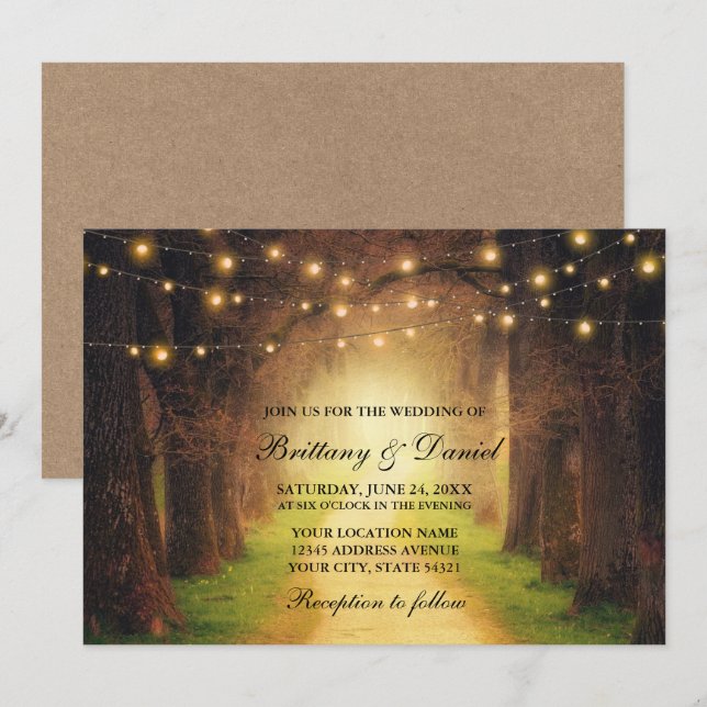 Rustikale Wald Path String Lights Wedding Kraft Einladung (Vorne/Hinten)
