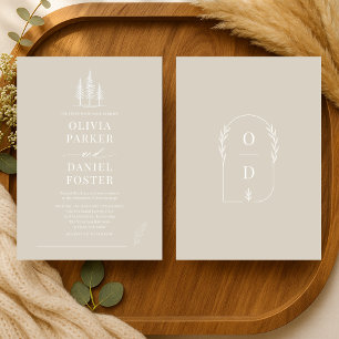 Rustikale Wald-Taupe-Beige-Linienkunst-Hochzeit Einladung
